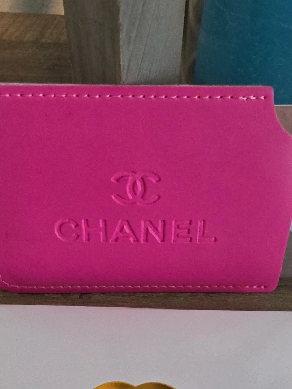 CHANEL Hot Pink Embossed Leather Card Holder With Mirror Insert